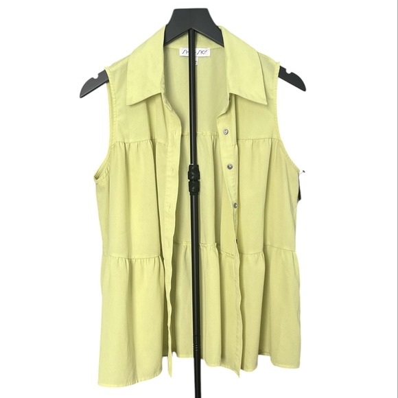 She +Sky Lime Green Tiered‎ Babydoll Boho Sleeveless Button Front Blouse Size L - Picture 3 of 8